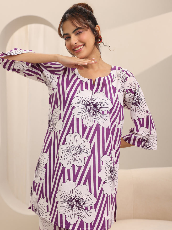 Purple Printed Cotton Night Suits