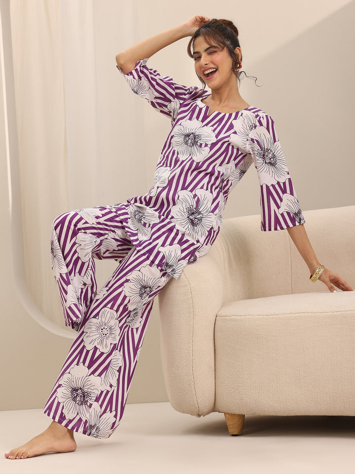 Purple Printed Cotton Night Suits