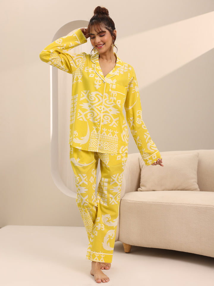 Yellow Printed Cotton Night Suits