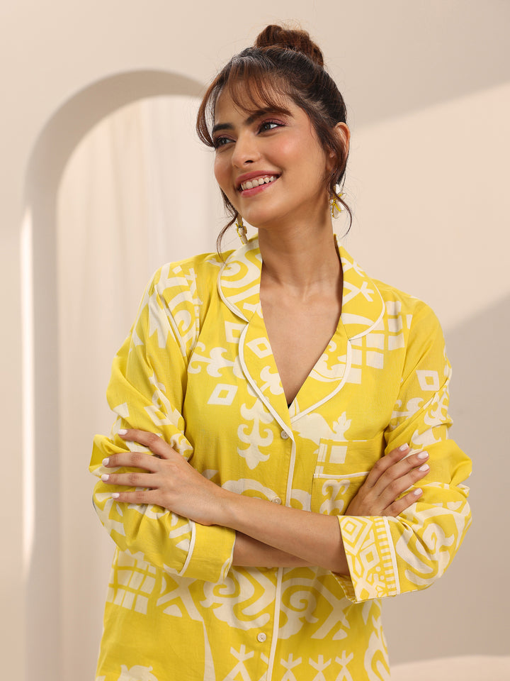 Yellow Printed Cotton Night Suits