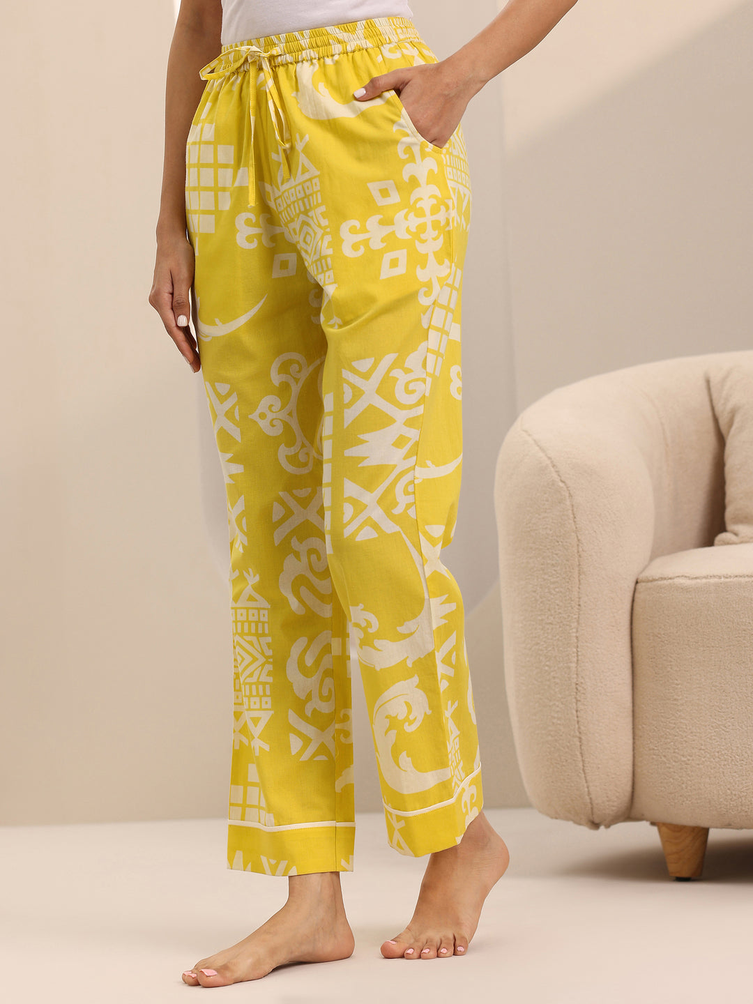 Yellow Printed Cotton Night Suits