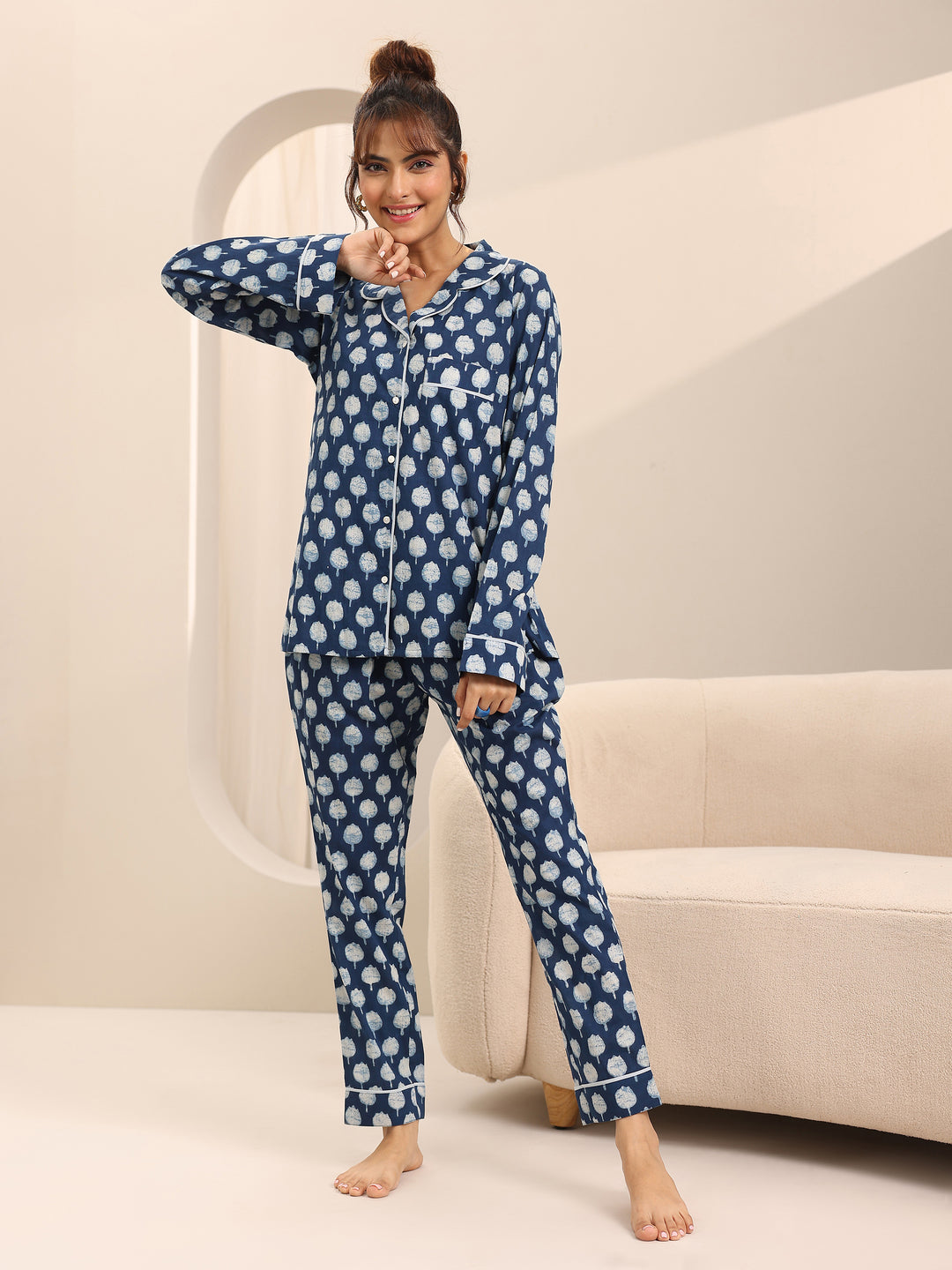 Blue Printed Cotton Night Suits