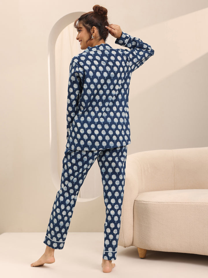 Blue Printed Cotton Night Suits