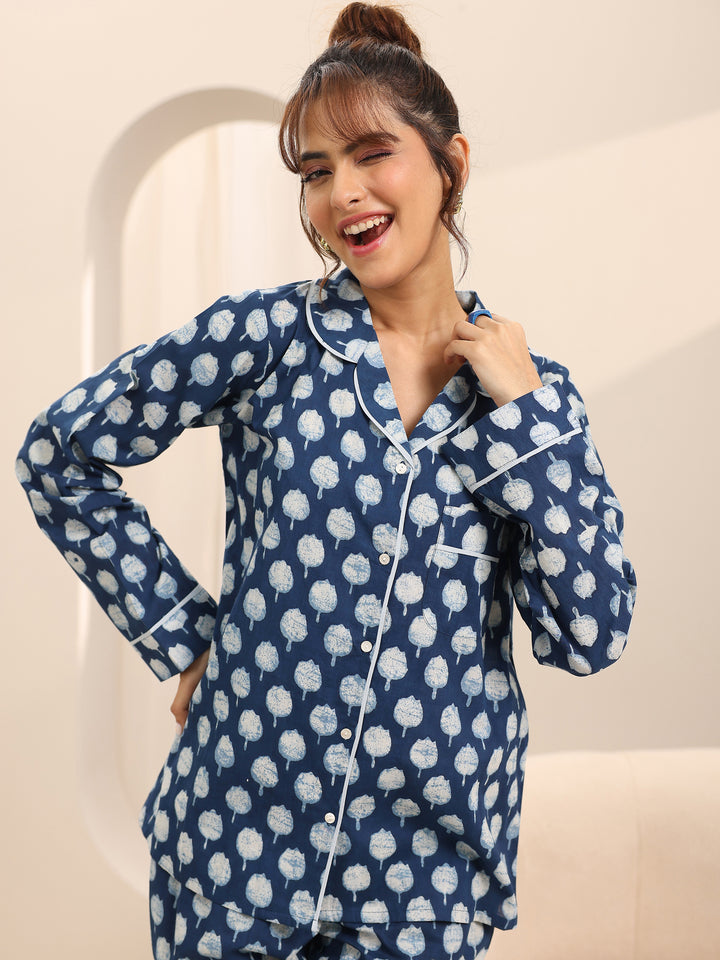 Blue Printed Cotton Night Suits