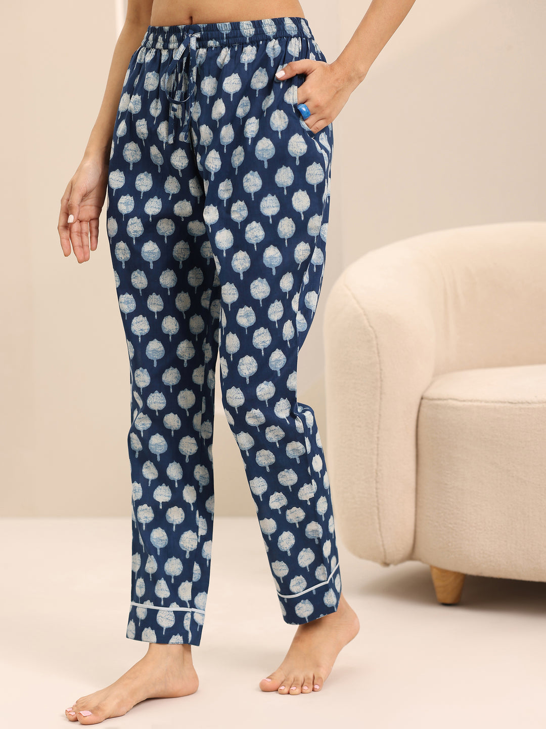 Blue Printed Cotton Night Suits