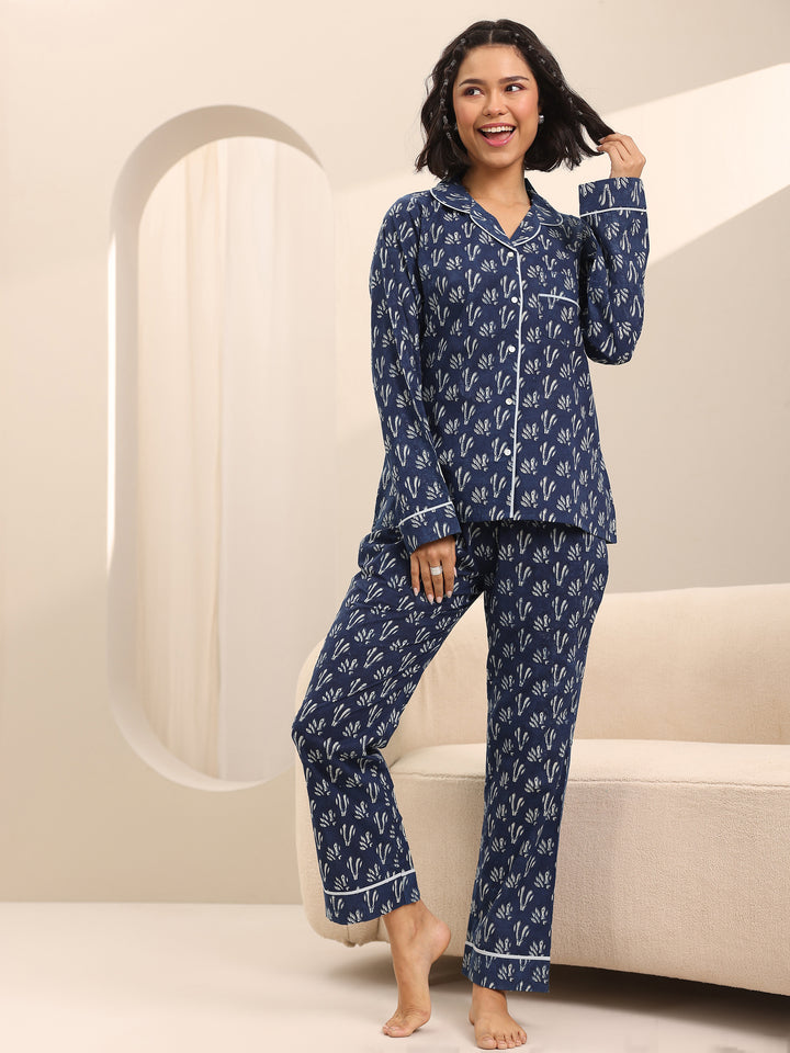 Blue Printed Cotton Night Suits