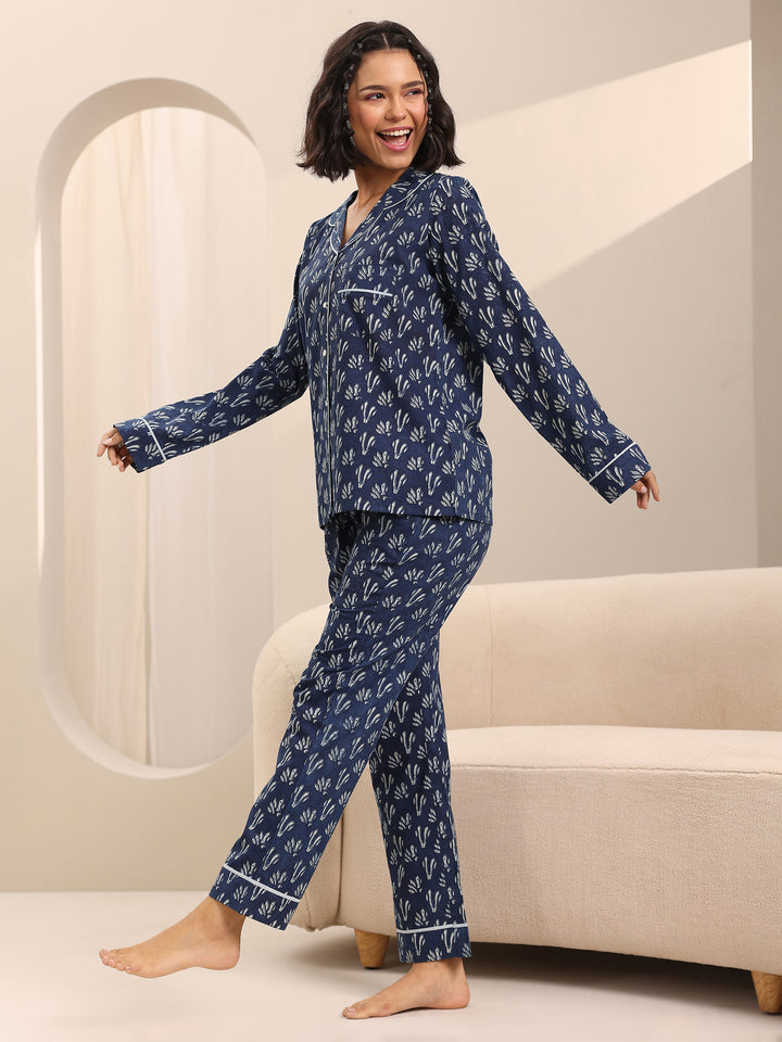 Blue Printed Cotton Night Suits