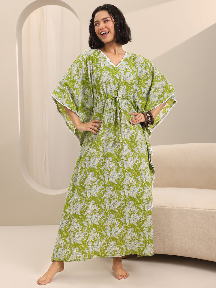 Green Printed Cotton Kaftan Night Dress