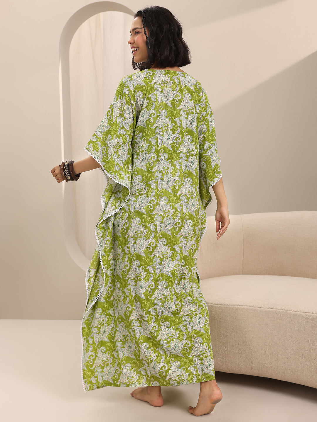 Green Printed Cotton Kaftan Night Dress