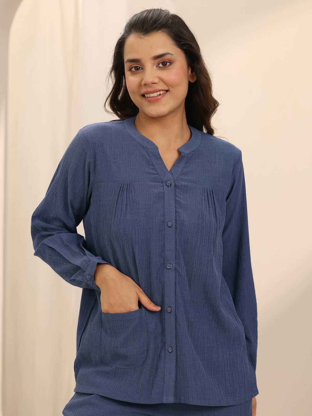 Blue Solid Cotton Blend Night Suit