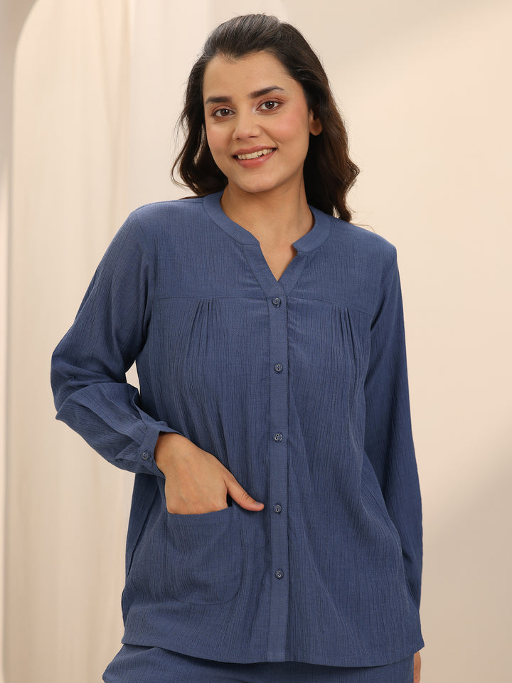 Blue Solid Cotton Blend Night Suit