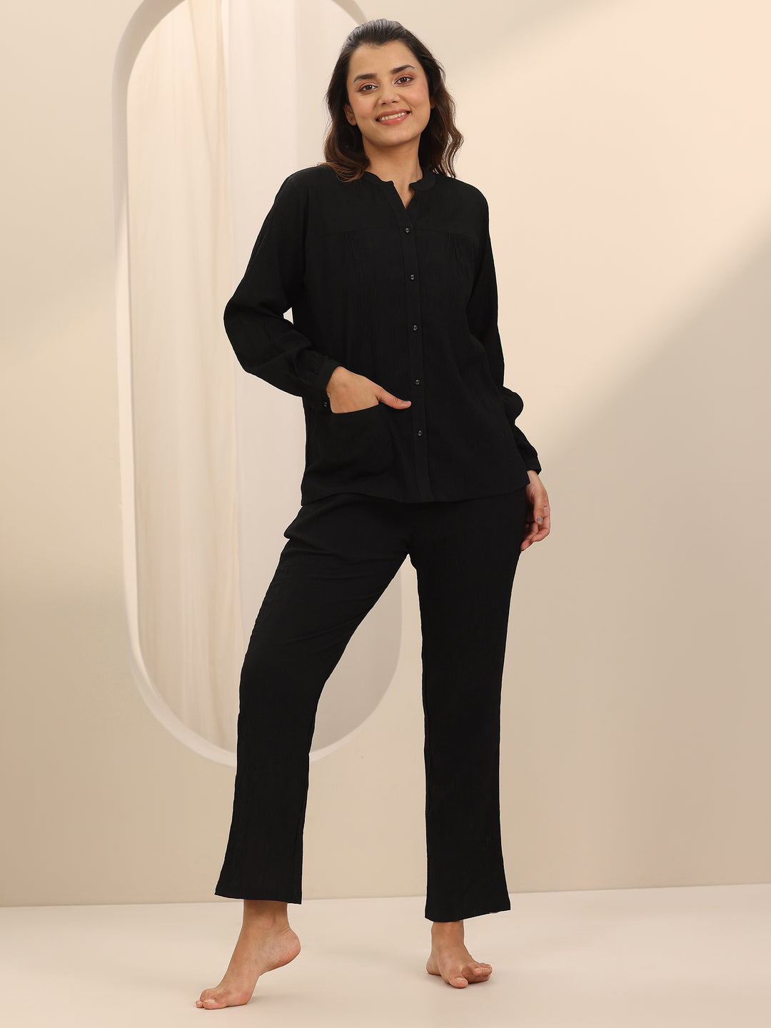 Black Solid Cotton Blend Night Suit