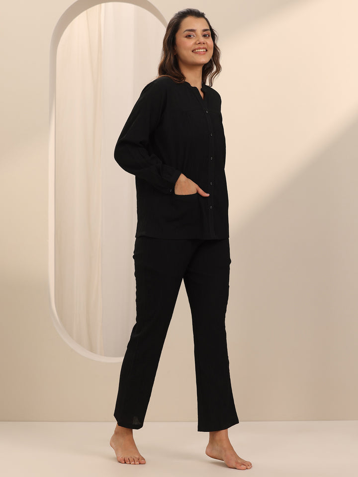 Black Solid Cotton Blend Night Suit