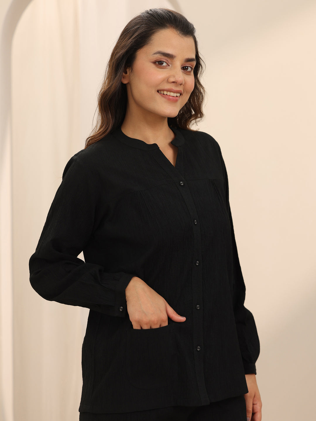 Black Solid Cotton Blend Night Suit