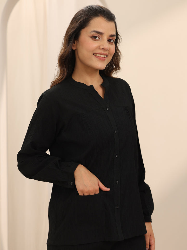 Black Solid Cotton Blend Night Suit