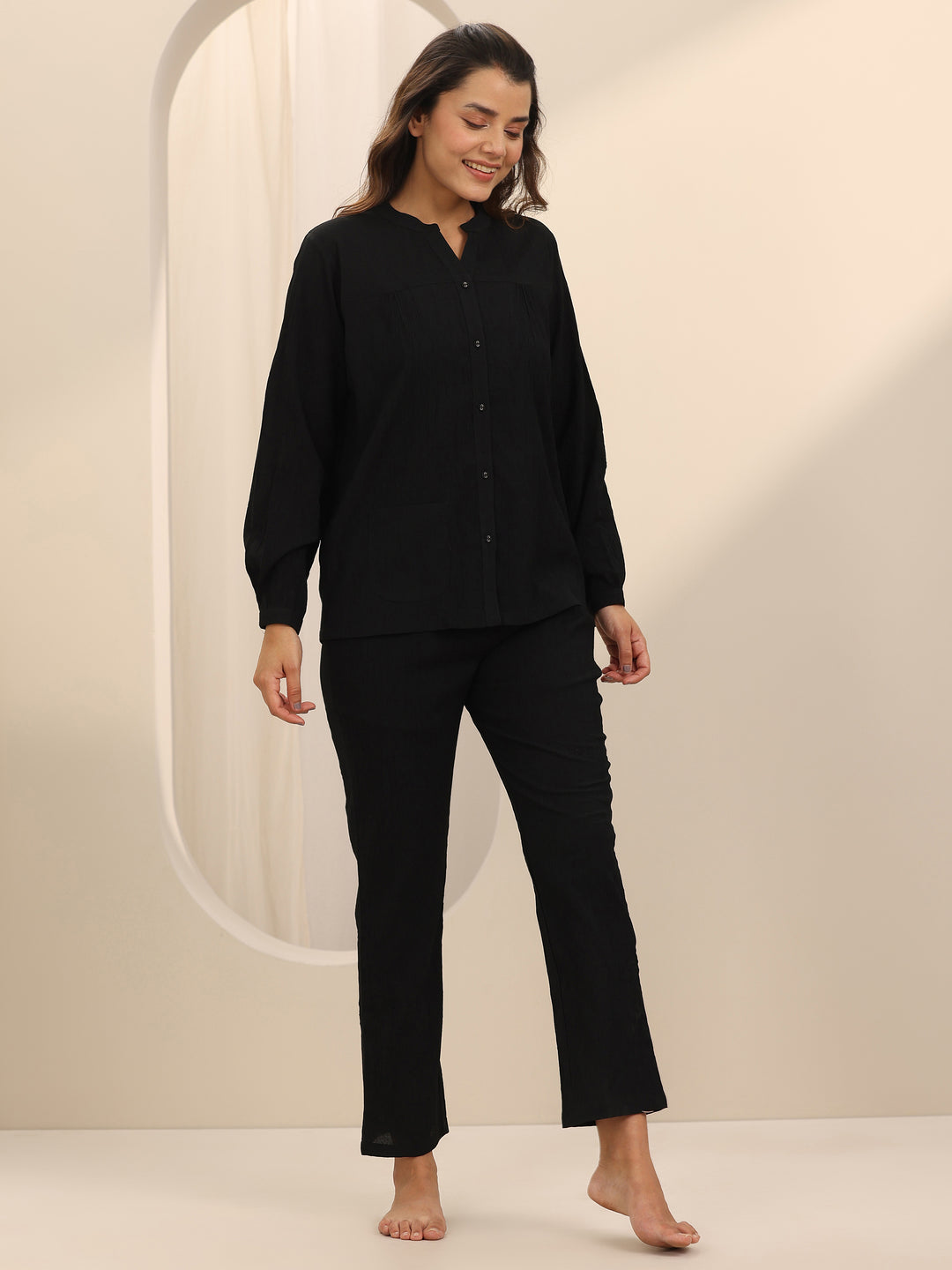 Black Solid Cotton Blend Night Suit