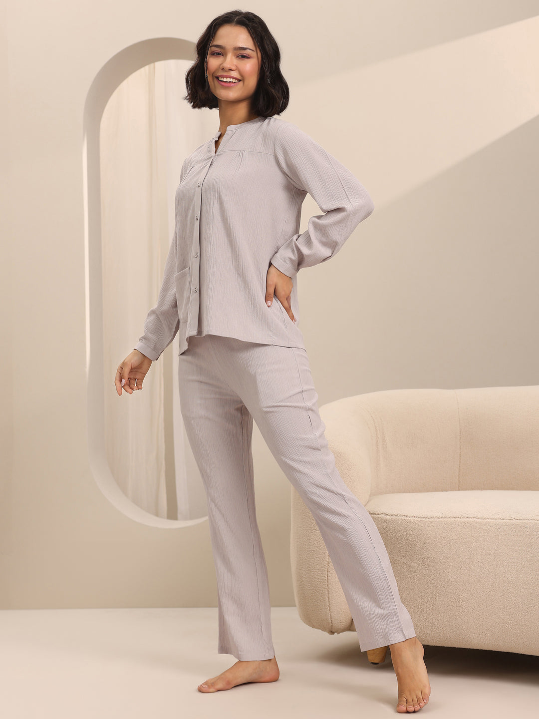 Beige Solid Cotton Blend Night Suits
