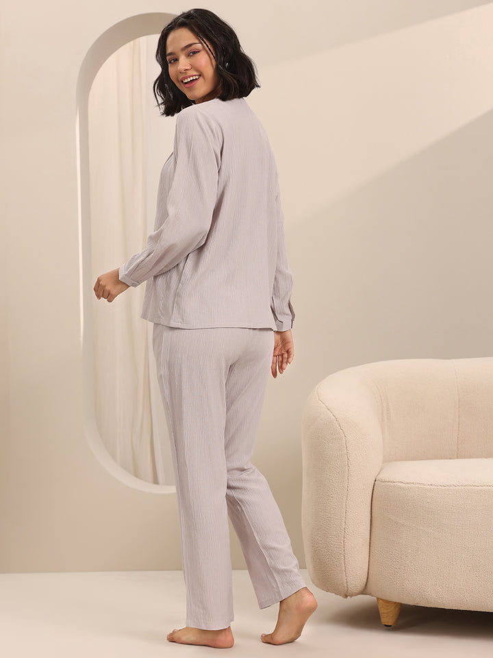 Beige Solid Cotton Blend Night Suits