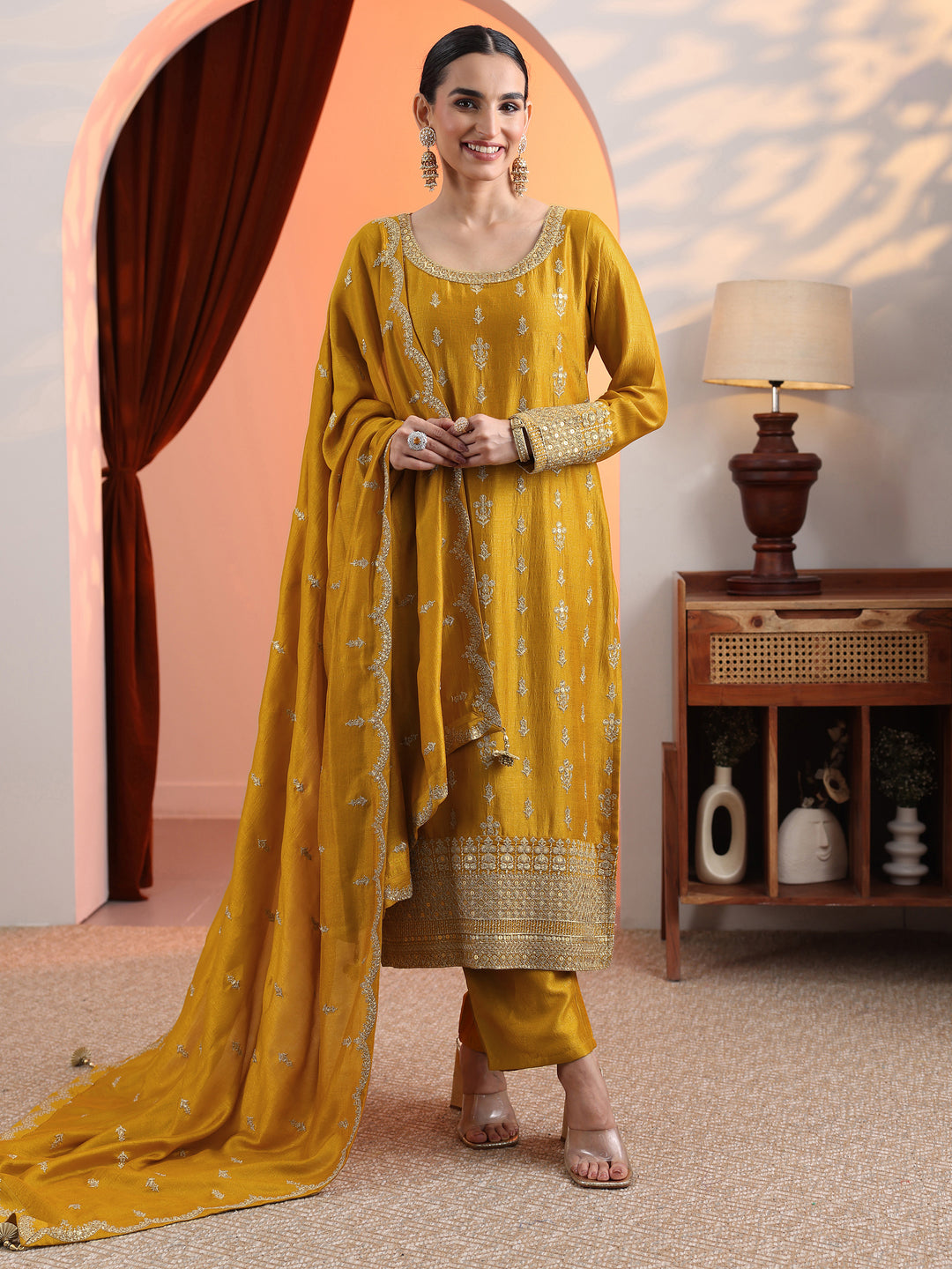 Mustard Embroidered Chinon Straight Suit Set With Dupatta