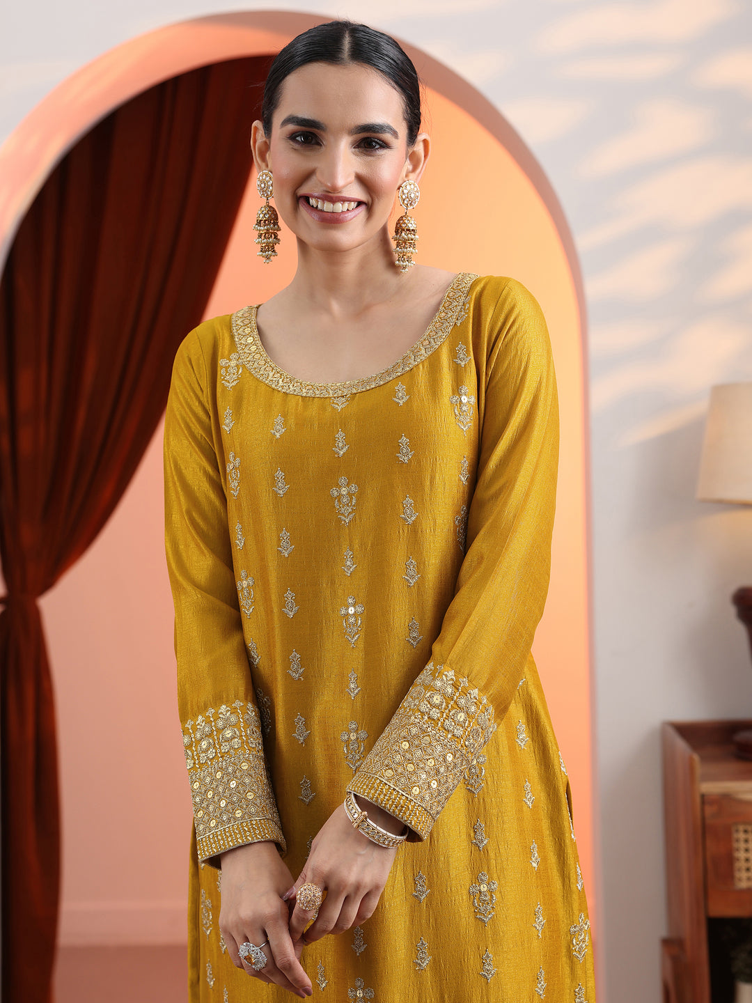 Mustard Embroidered Chinon Straight Suit Set With Dupatta