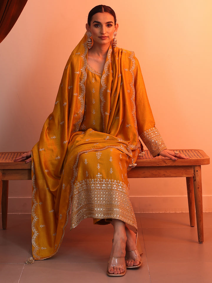 Mustard Embroidered Chinon Straight Suit Set With Dupatta