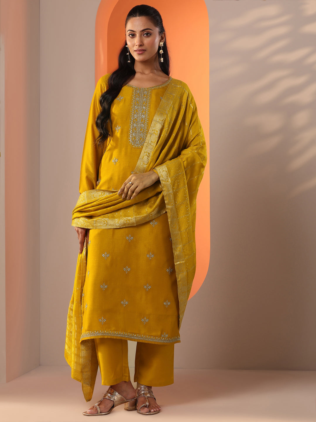 Mustard Embellished Silk Blend Straight Suit Set With Dupatta