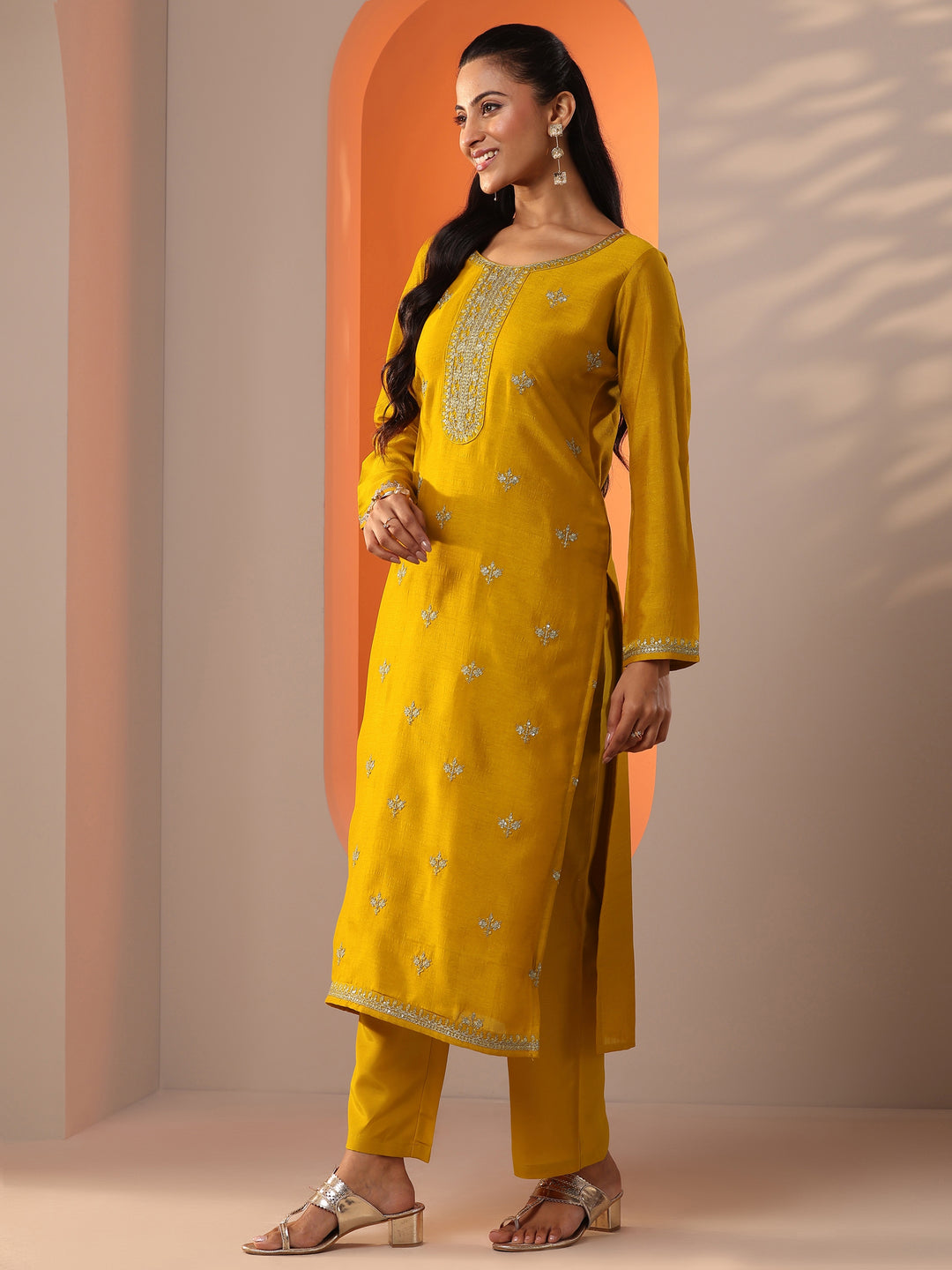 Mustard Embellished Silk Blend Straight Suit Set With Dupatta