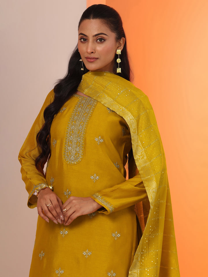 Mustard Embellished Silk Blend Straight Suit Set With Dupatta