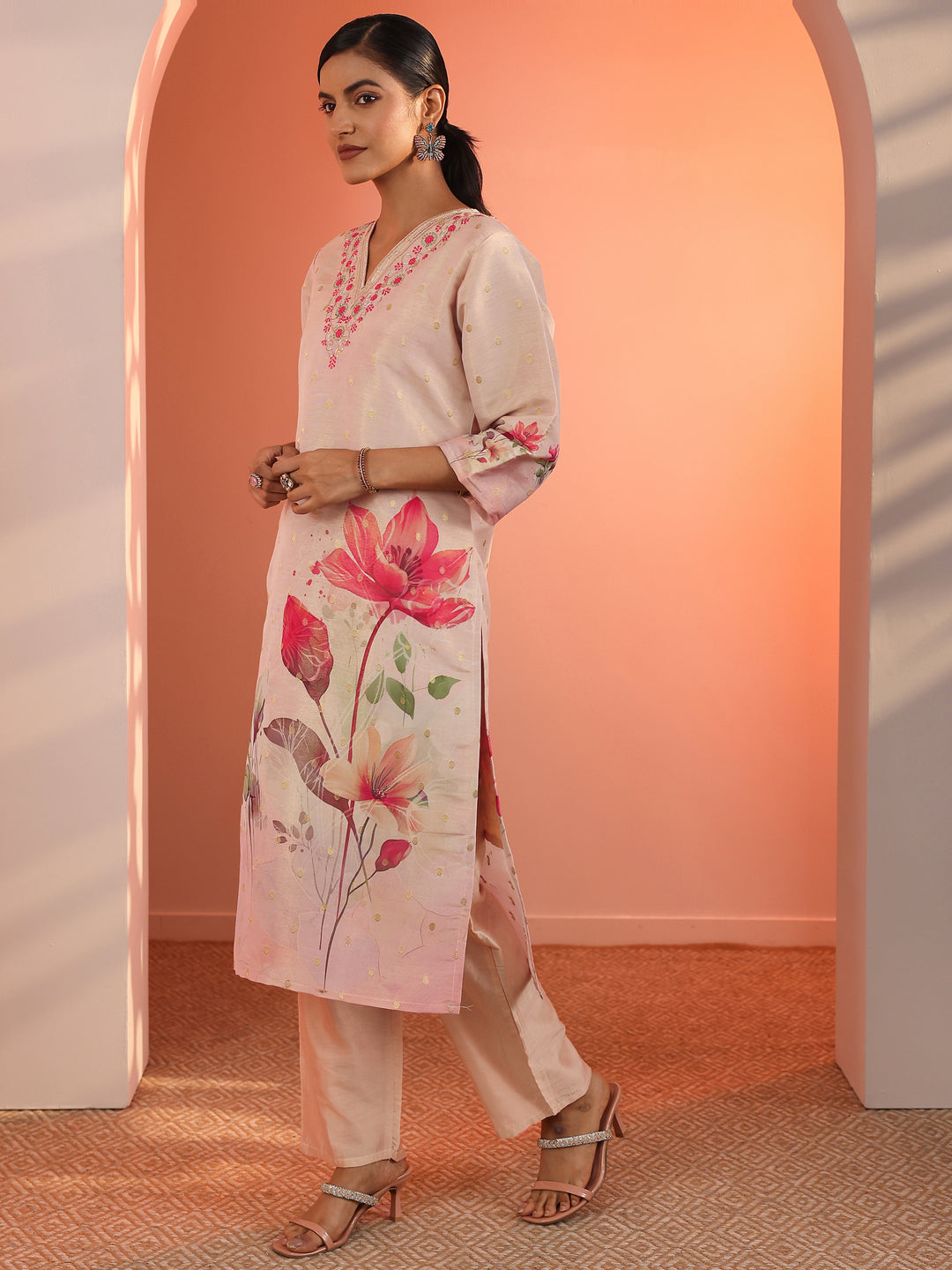 Peach Embellished Silk Blend Straight Suit Set With Dupatta