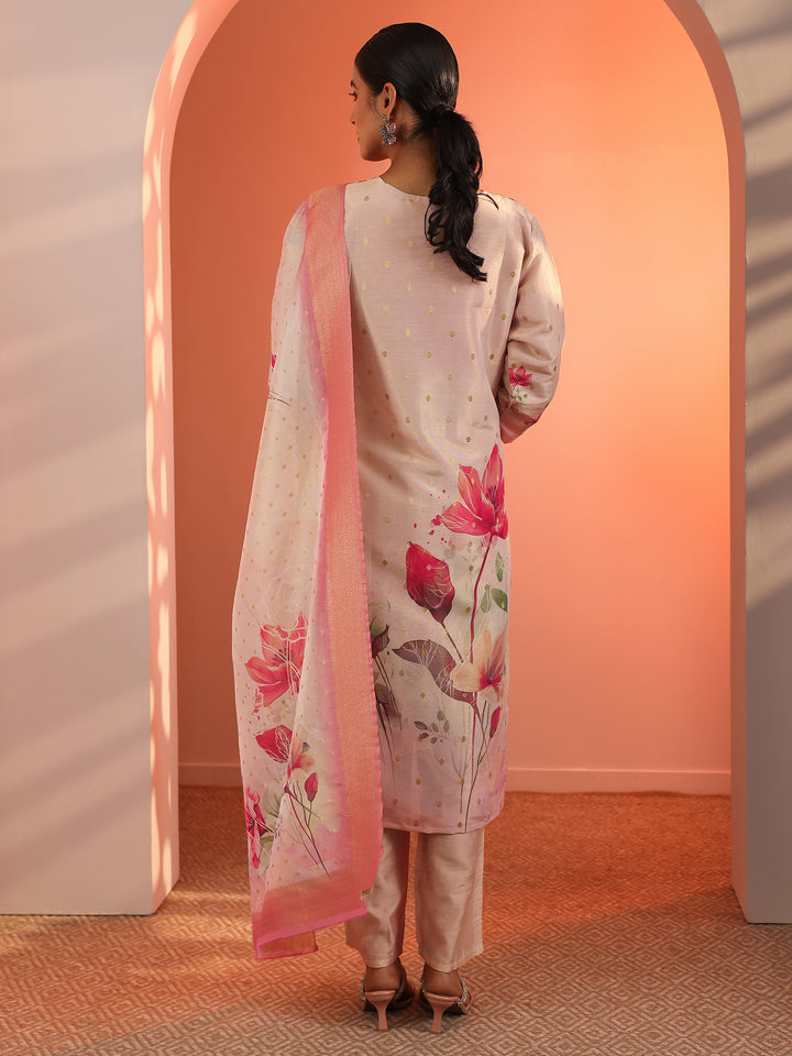Peach Embellished Silk Blend Straight Suit Set With Dupatta