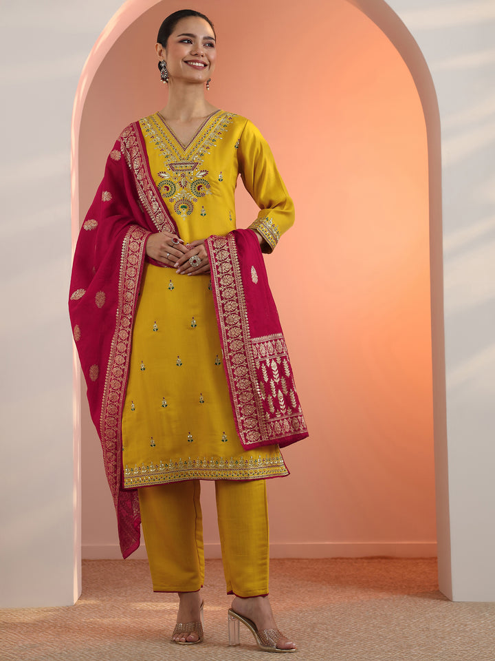 Mustard Embroidered Silk Blend Straight Suit Set With Dupatta