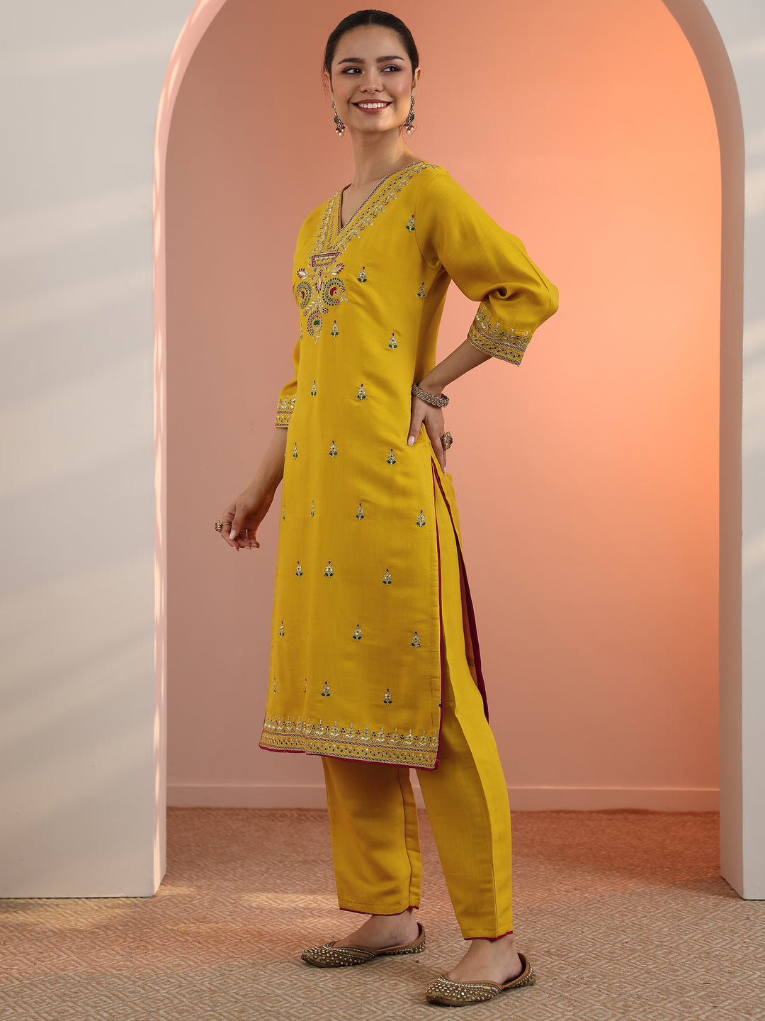 Mustard Embroidered Silk Blend Straight Suit Set With Dupatta
