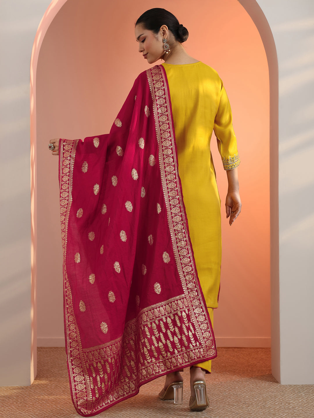 Mustard Embroidered Silk Blend Straight Suit Set With Dupatta