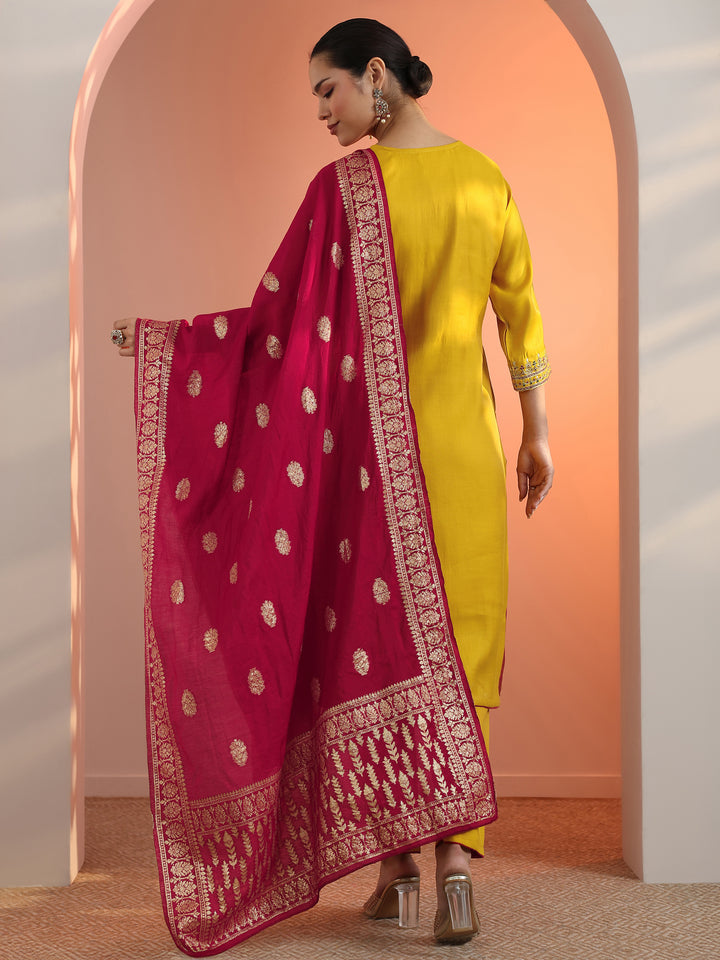 Mustard Embroidered Silk Blend Straight Suit Set With Dupatta