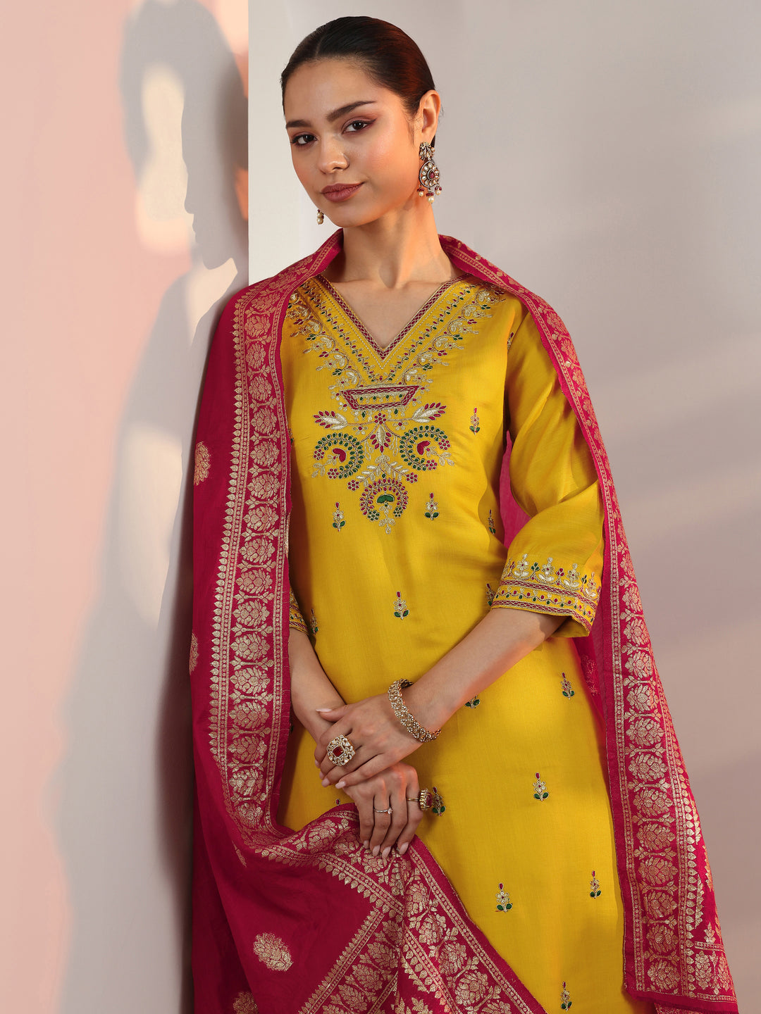 Mustard Embroidered Silk Blend Straight Suit Set With Dupatta