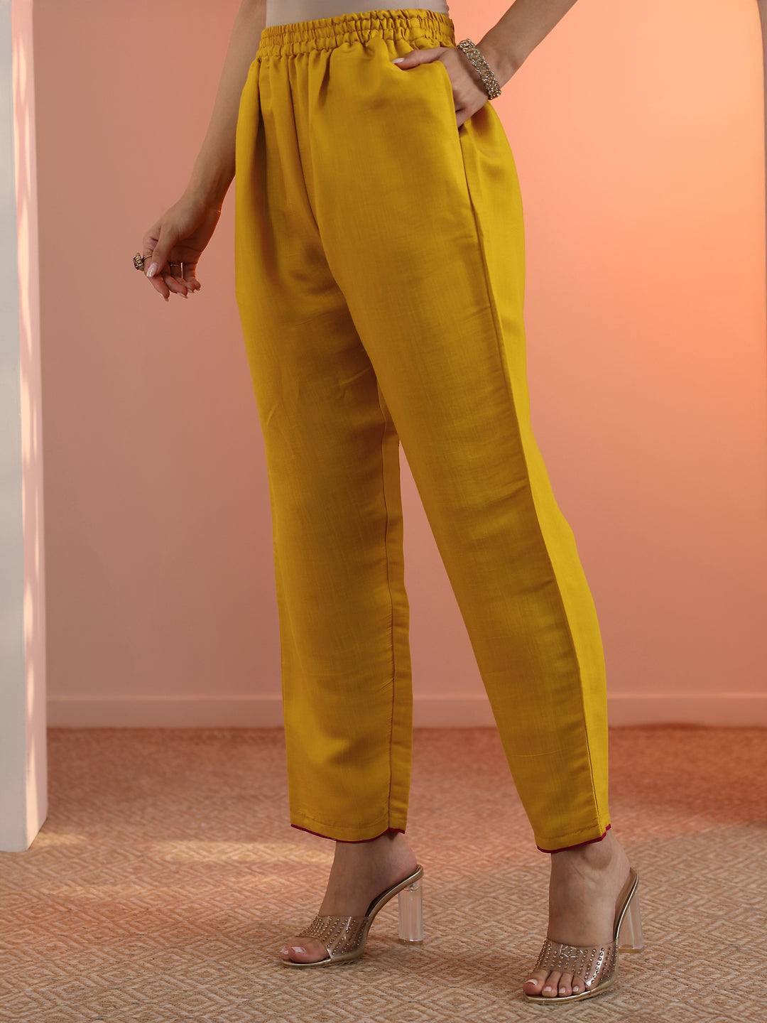 Mustard Embroidered Silk Blend Straight Suit Set With Dupatta