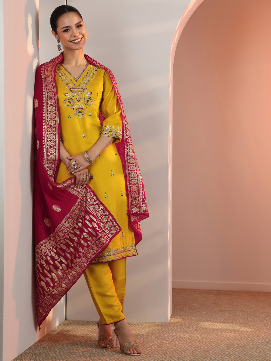 Mustard Embroidered Silk Blend Straight Suit Set With Dupatta
