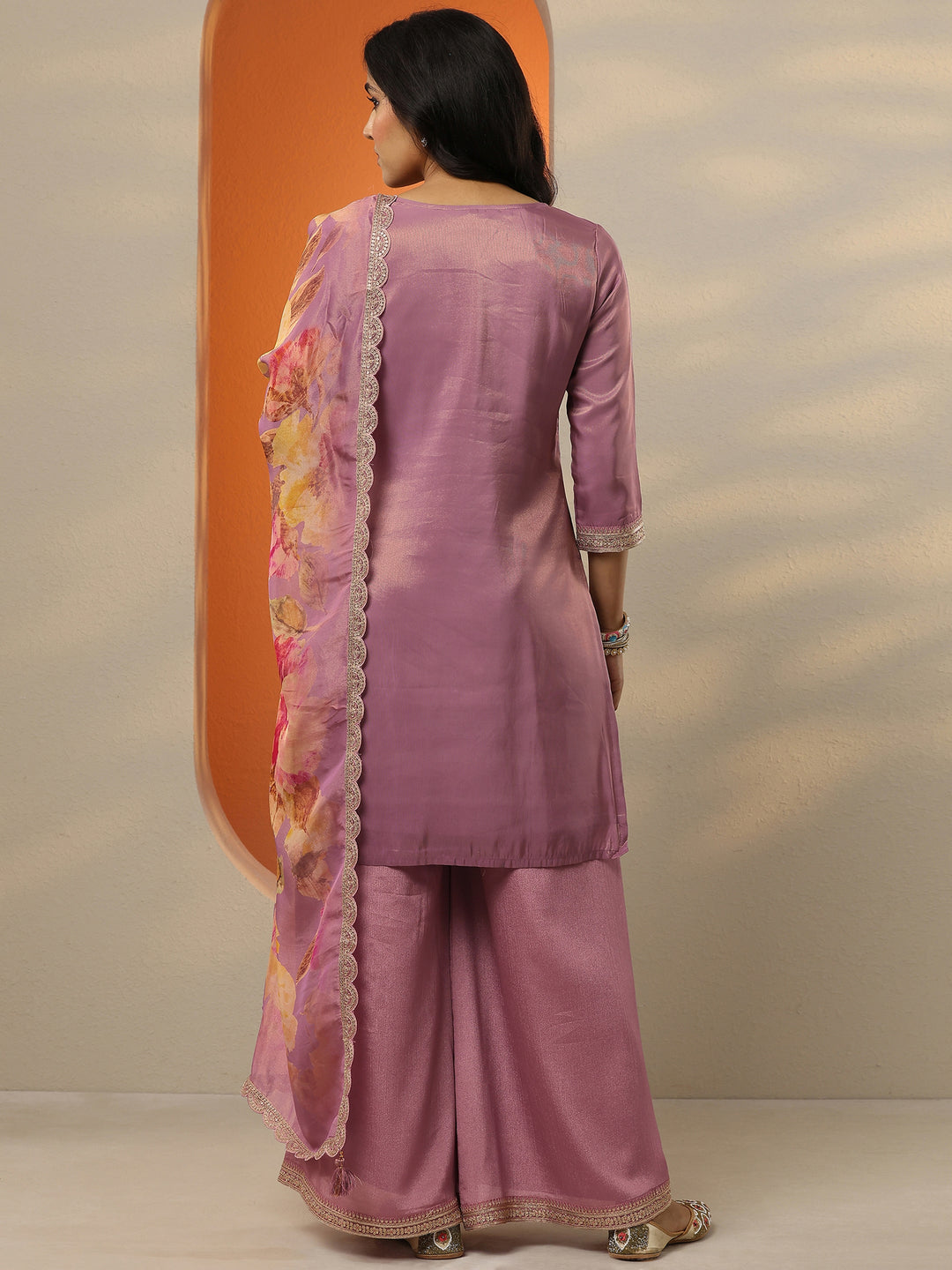 Libas Art Mauve Embroidered Silk Blend Straight Suit Set With Dupatta