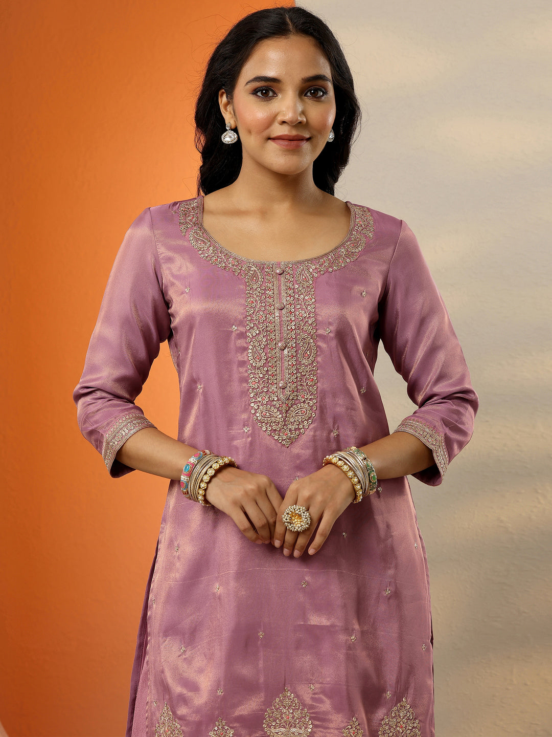 Libas Art Mauve Embroidered Silk Blend Straight Suit Set With Dupatta
