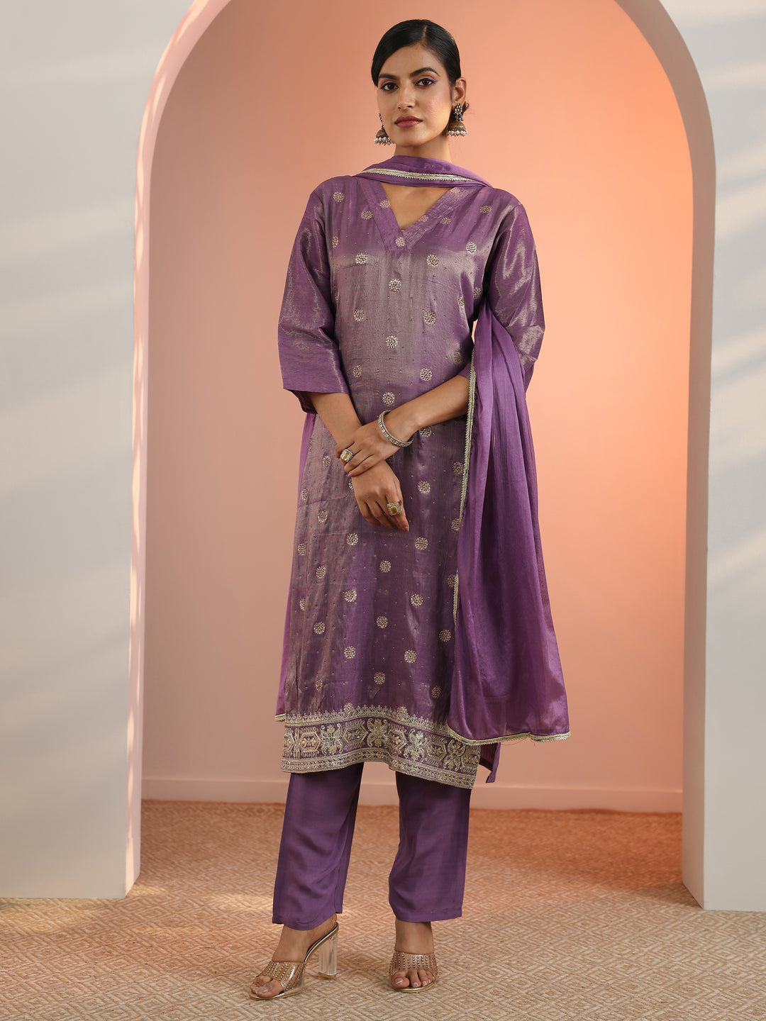 Mauve Woven Design Silk Blend Straight Suit Set With Dupatta