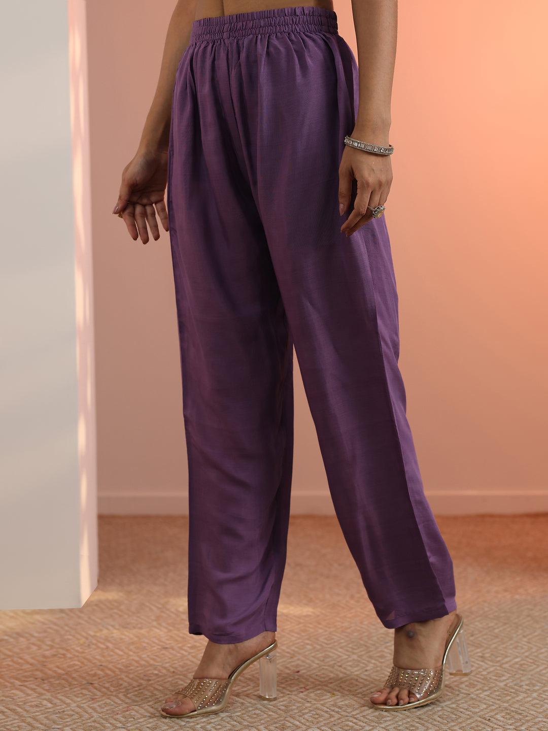 Mauve Woven Design Silk Blend Straight Suit Set With Dupatta