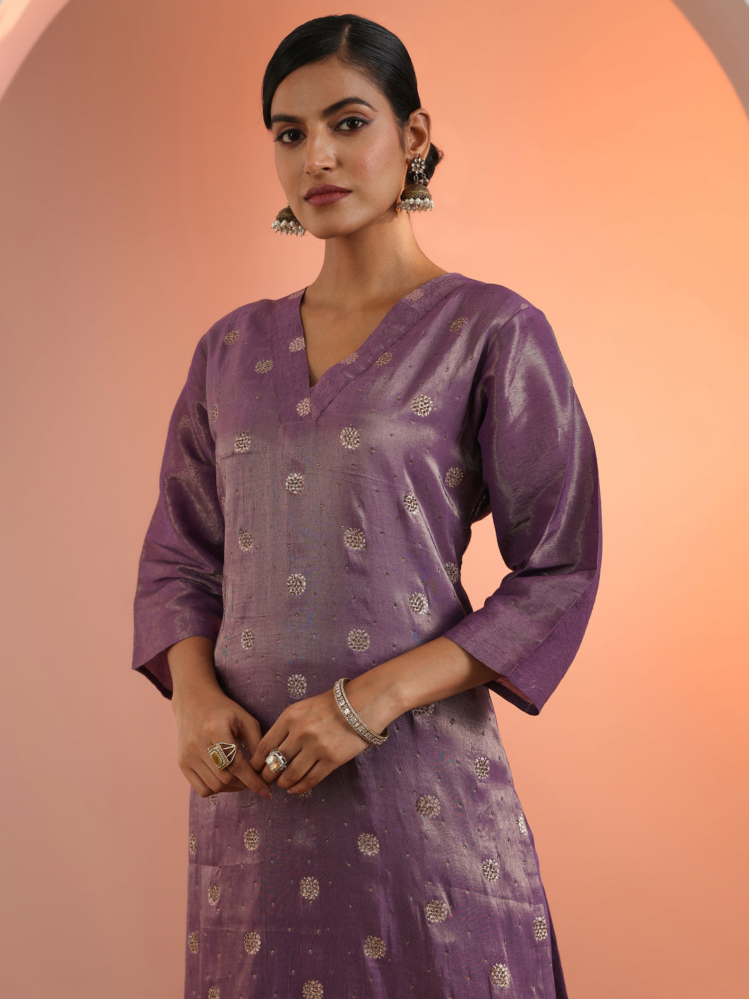 Mauve Woven Design Silk Blend Straight Suit Set With Dupatta