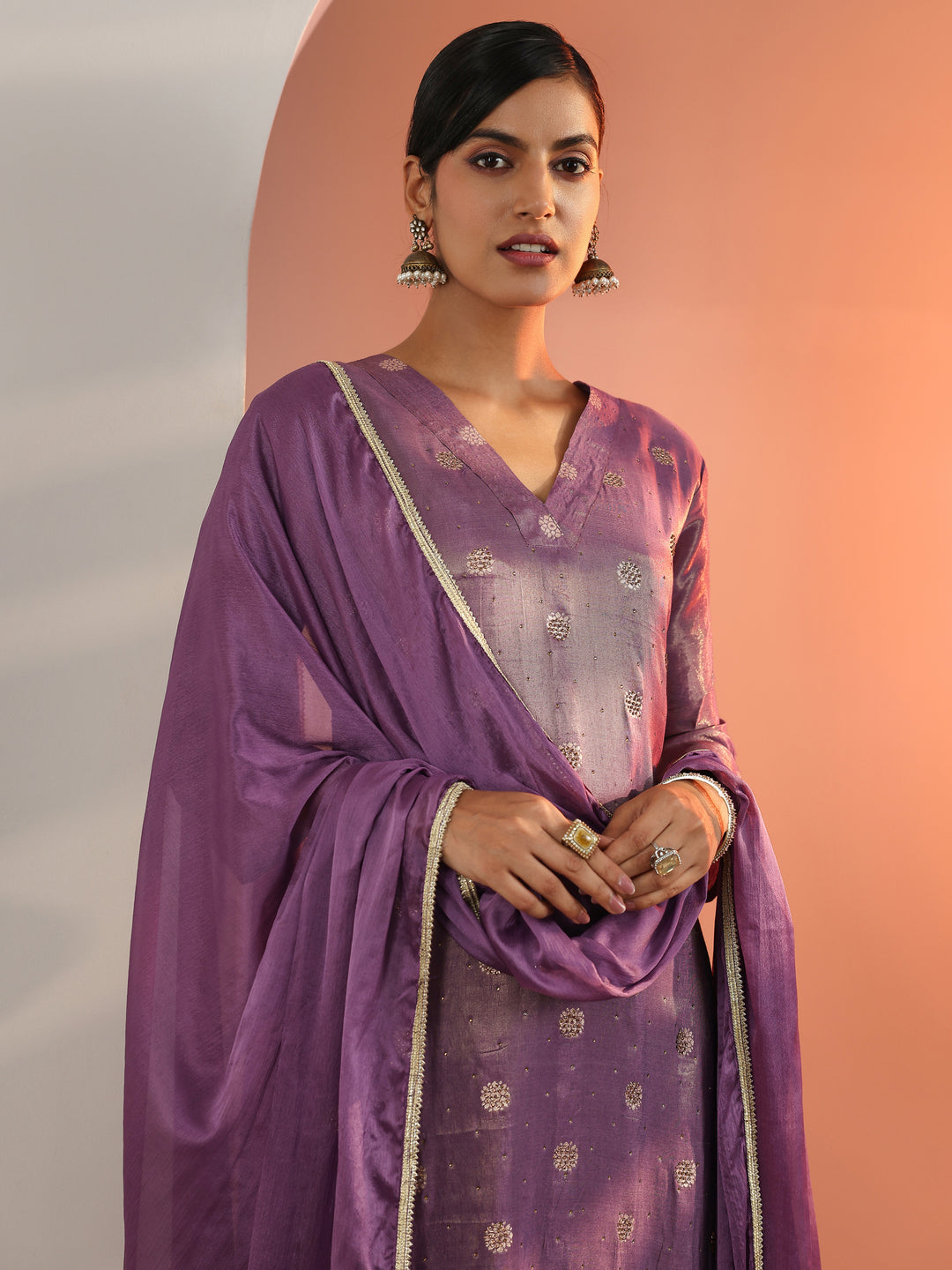 Mauve Woven Design Silk Blend Straight Suit Set With Dupatta