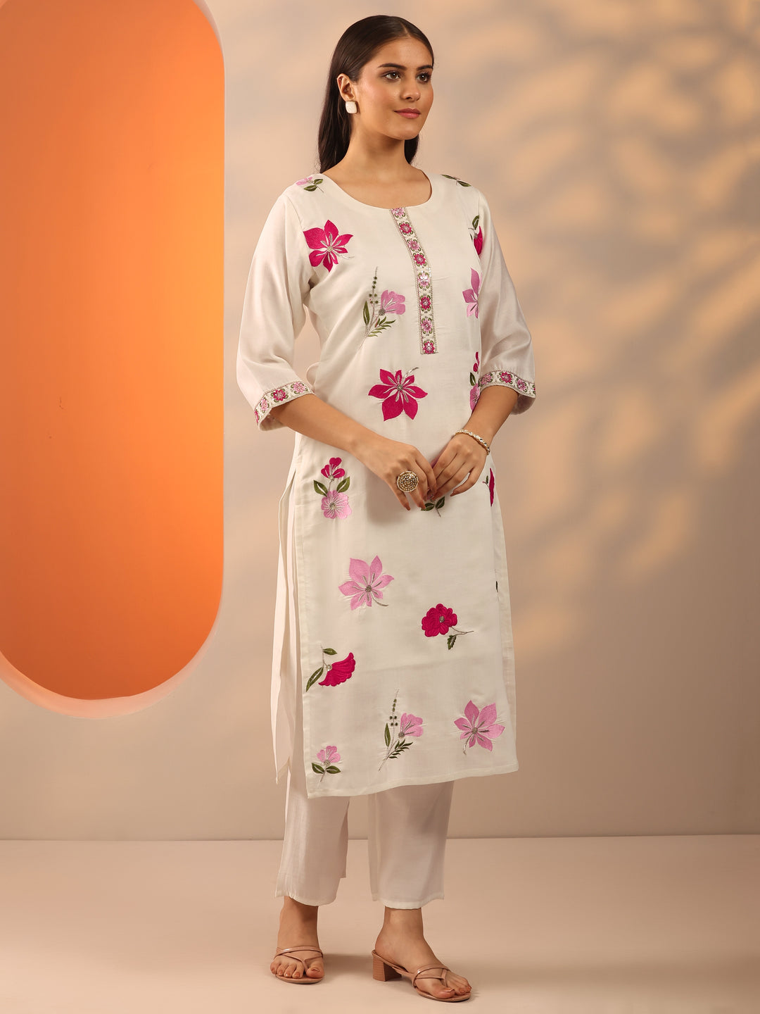 White Embroidered Silk Blend Straight Suit Set With Dupatta