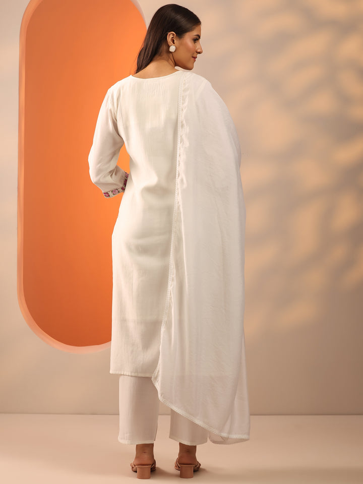 White Embroidered Silk Blend Straight Suit Set With Dupatta