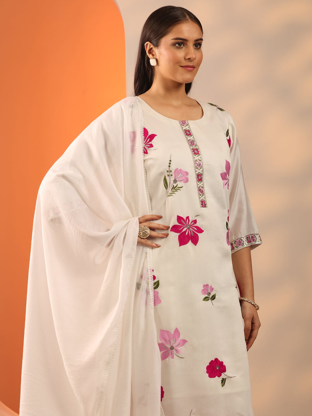 White Embroidered Silk Blend Straight Suit Set With Dupatta