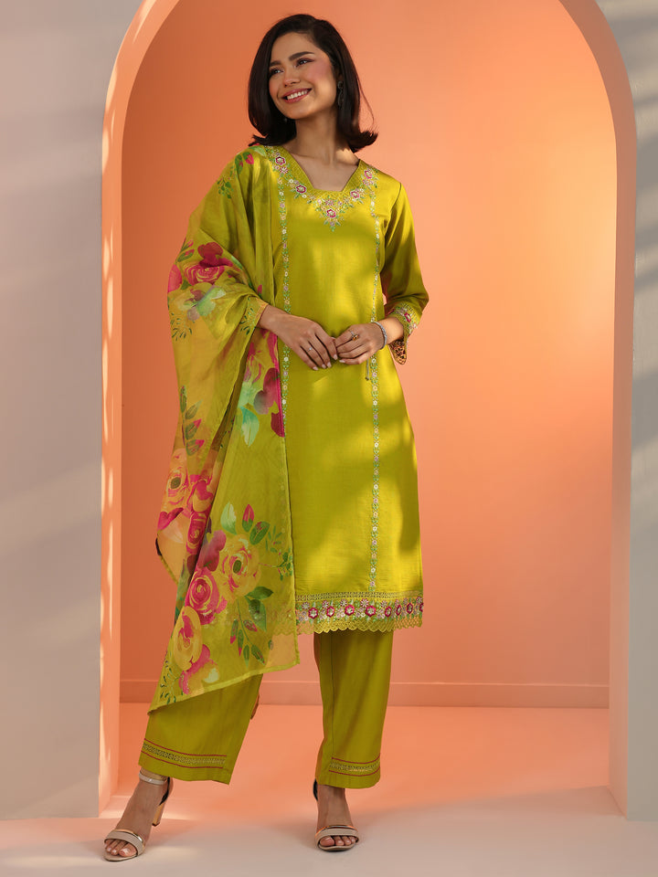 Mustard Embroidered Silk Blend Straight Suit Set With Dupatta