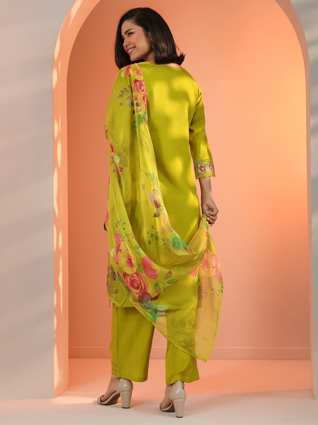 Mustard Embroidered Silk Blend Straight Suit Set With Dupatta