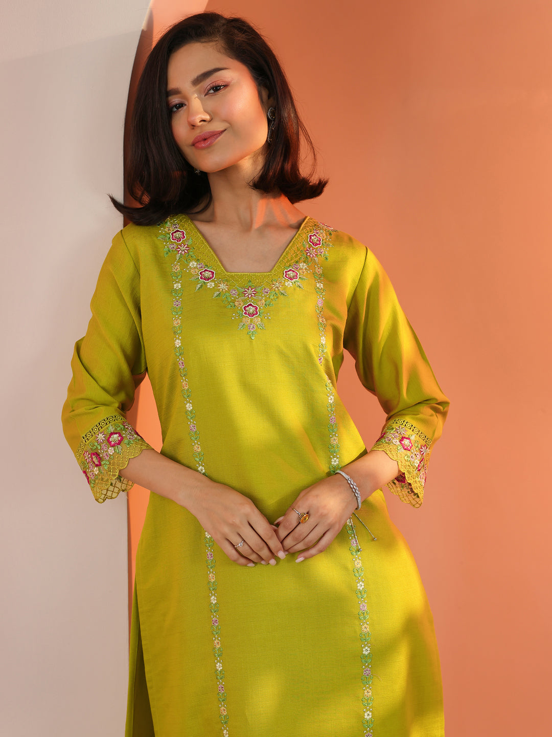 Mustard Embroidered Silk Blend Straight Suit Set With Dupatta