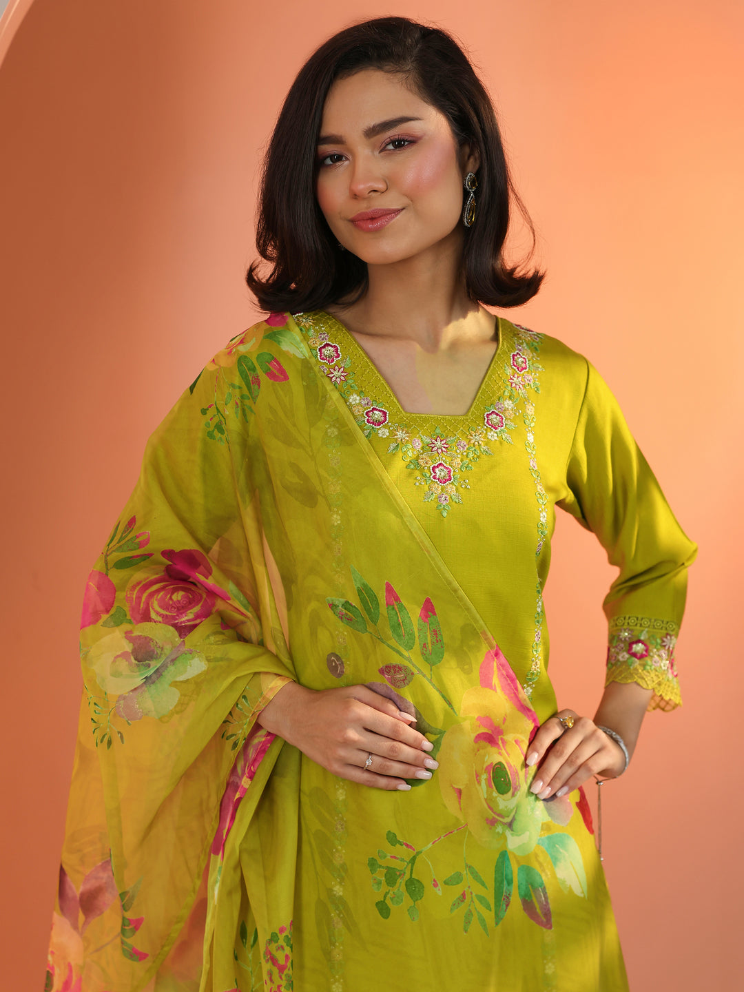 Mustard Embroidered Silk Blend Straight Suit Set With Dupatta